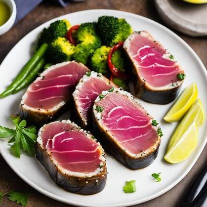 close up view of air fried ahi tuna steaks