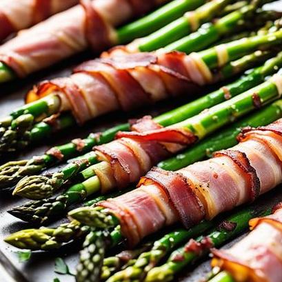 close up view of air fried asparagus wrapped in bacon