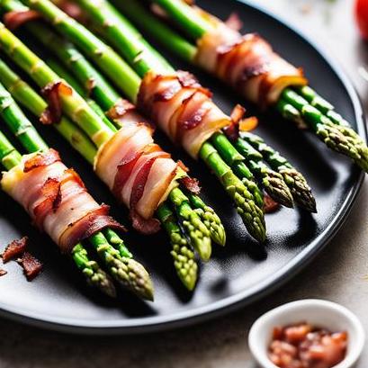 close up view of air fried asparagus wrapped in bacon