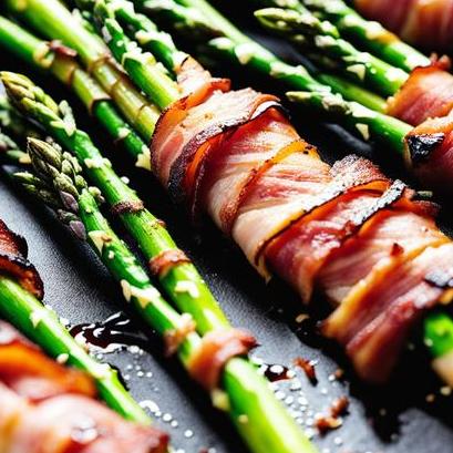 close up view of air fried bacon wrapped asparagus