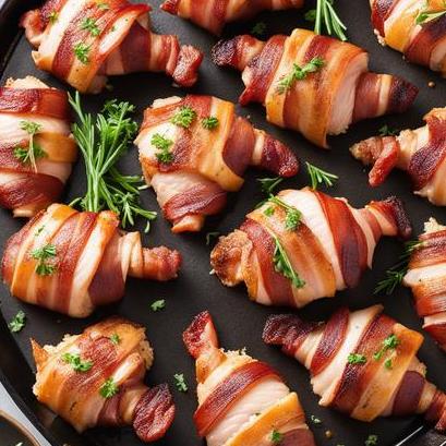 close up view of air fried bacon wrapped chicken