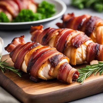 close up view of air fried bacon wrapped chicken