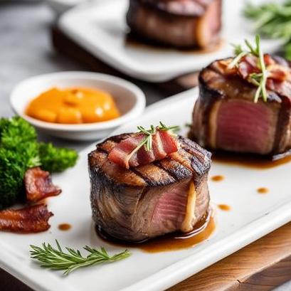 close up view of air fried bacon wrapped filet mignon