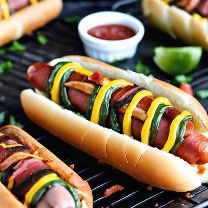 close up view of air fried bacon wrapped hot dogs