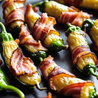 close up view of air fried bacon wrapped jalapenos
