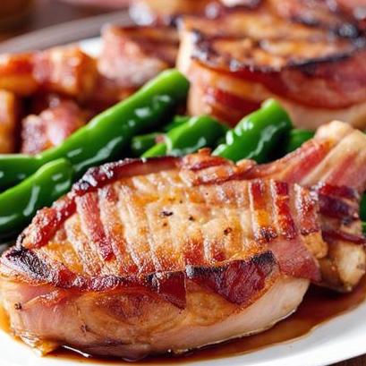 close up view of air fried bacon wrapped pork chops