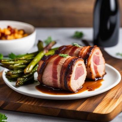 close up view of air fried bacon wrapped pork filet