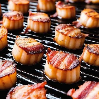 close up view of air fried bacon wrapped scallops