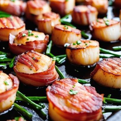 close up view of air fried bacon wrapped scallops