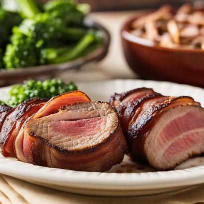 close up view of air fried bacon wrapped sirloin