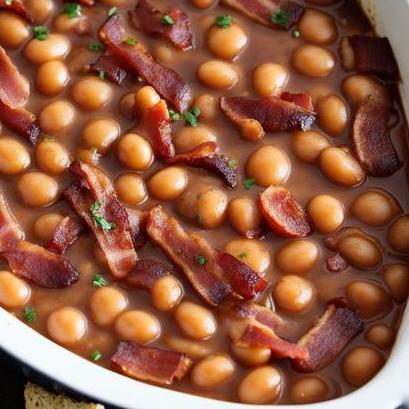 close up view of air fried baked beans with bacon