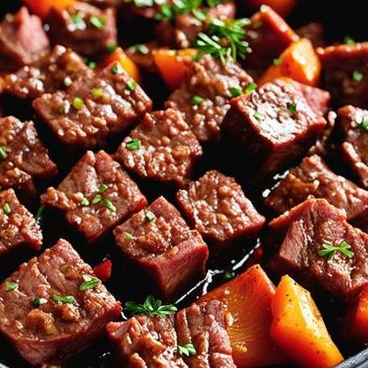 close up view of air fried beef cubes