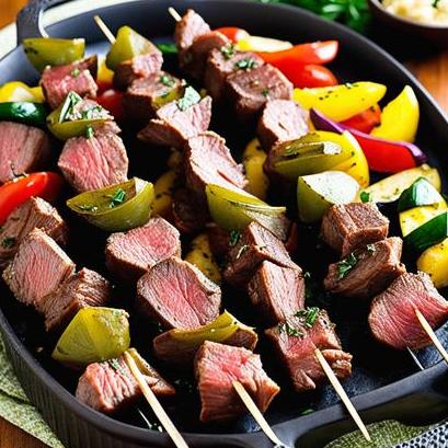 close up view of air fried beef kabobs