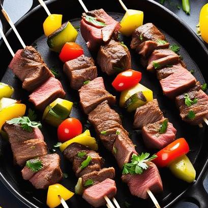 close up view of air fried beef shish kabobs