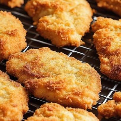 close up view of air fried breaded chicken