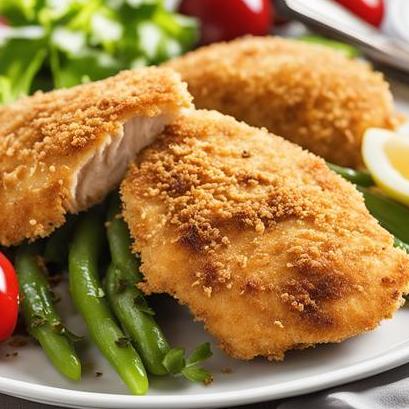 close up view of air fried breaded chicken breast