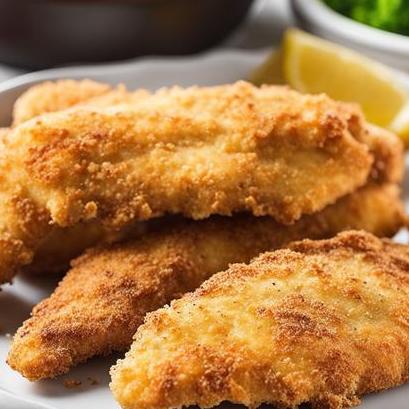 close up view of air fried breaded chicken tenders