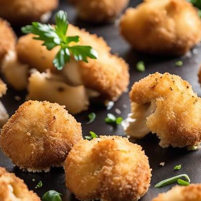 close up view of air fried breaded mushrooms