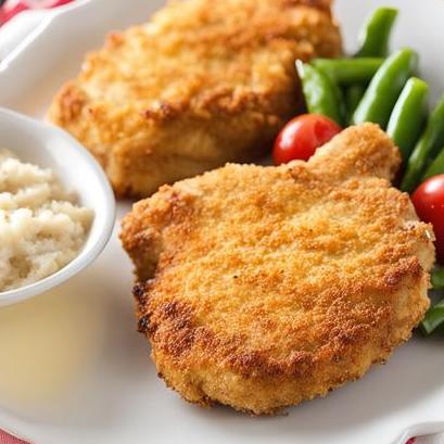 close up view of air fried breaded pork chops
