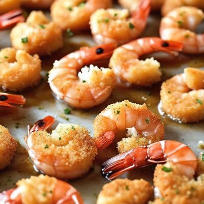 close up view of air fried breaded shrimp