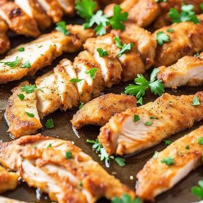 close up view of air fried chicken breast strips