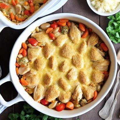 close up view of air fried chicken casserole