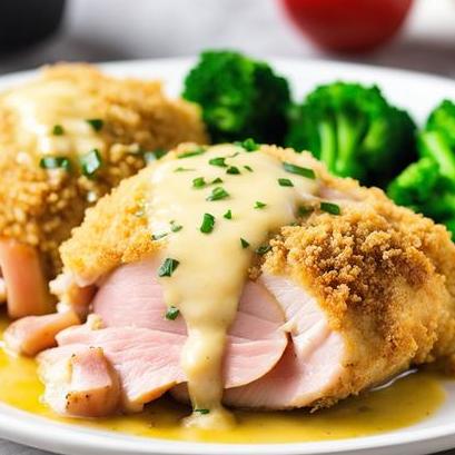 close up view of air fried chicken cordon bleu