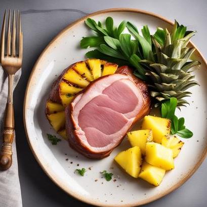 close up view of air fried ham steak with pineapple