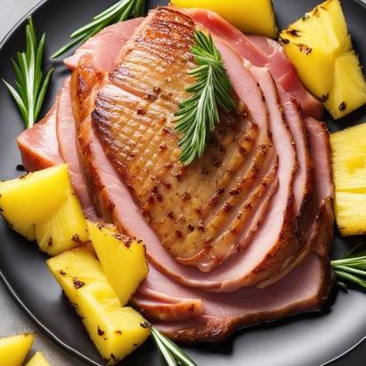 close up view of air fried ham steak with pineapple