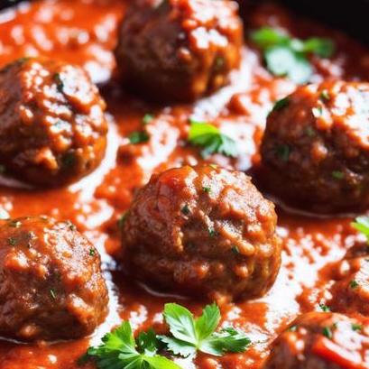 close up view of air fried meatballs in sauce