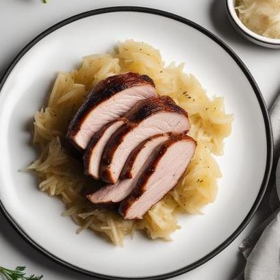 close up view of air fried pork and sauerkraut