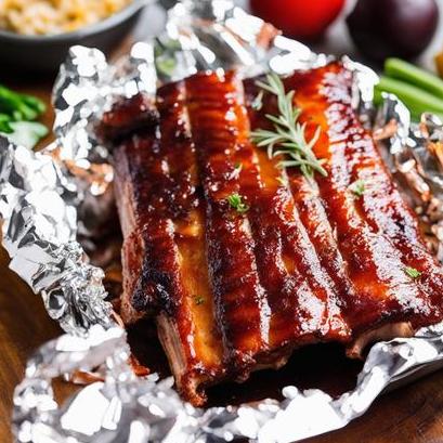 close up view of air fried ribs wrapped in foil