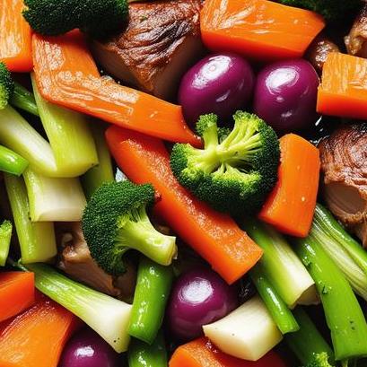 close up view of air fried roast with vegetables