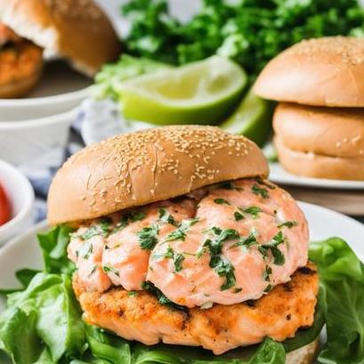 close up view of air fried salmon burgers