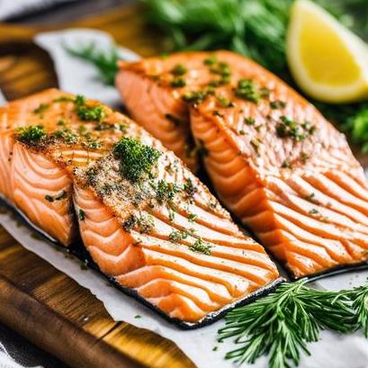 close up view of air fried salmon on a plank