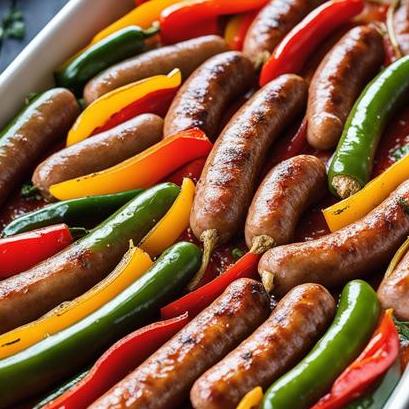 close up view of air fried sausage and peppers
