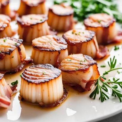 close up view of air fried scallops wrapped in bacon