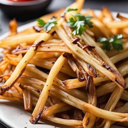 close up view of air fried shoestring fries