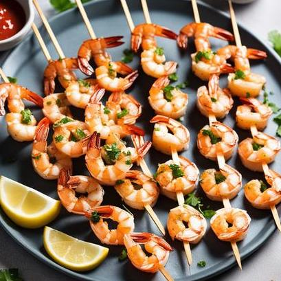 close up view of air fried shrimp skewers